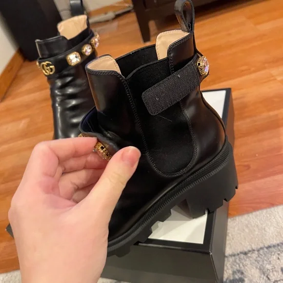 Gucci Women's Black Ankle Boots with Gold Accents - Picture 16 of 16